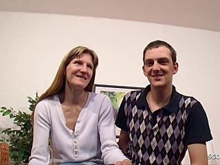 A shy girlfriend joins cuckold husband in German threesome