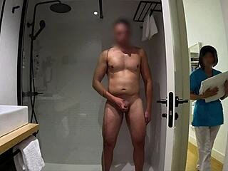 Jerking off in bathroom until cleaning girl joins to help cum