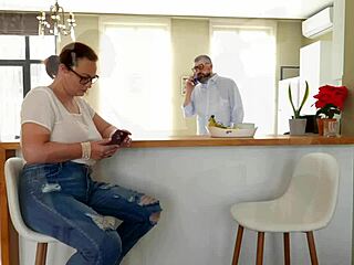 hot wife chatted sweetly with husband while dirty licking hotel guest's ass and cheating behind his back with rimjob